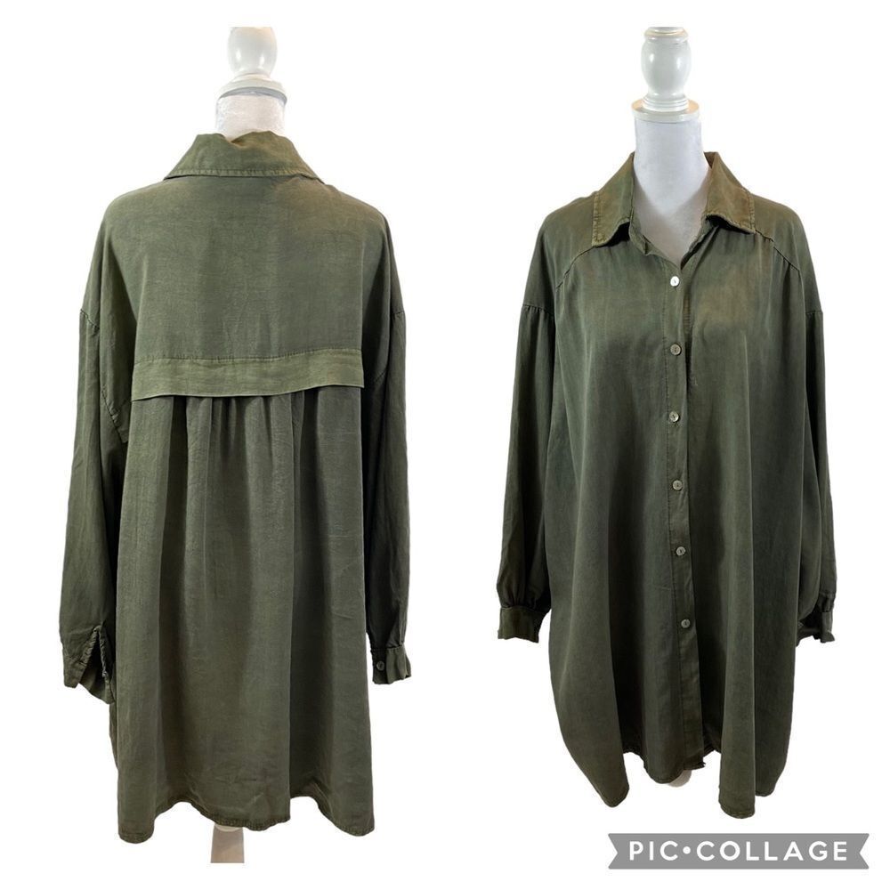 Ladies Green Button Front Long Sleeve Shirt Dress High‎ Quality Tencel Large